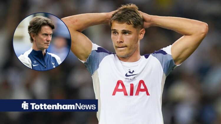 Micky van de Ven stands with his hands on his head during a game for Tottenham, as Thomas Frank watches on in a circular inset.
