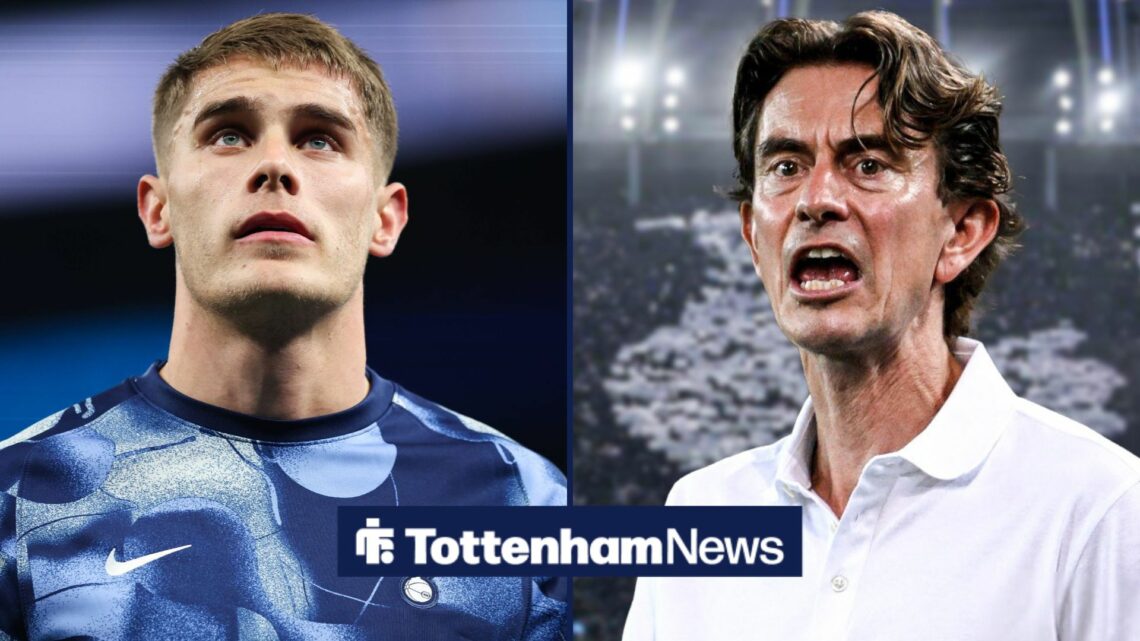 A split image as Tottenham defender Micky van de Ven stares at the sky on the left half, while manager Thomas Frank shouts in frustration on the ri...