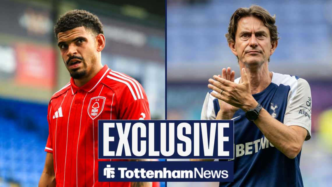 Tottenham News exclusive as Nottingham Fores star Morgan Gibbs-White glnaces across at Tottenham manager Thomas Frank, who applauds on the right si...