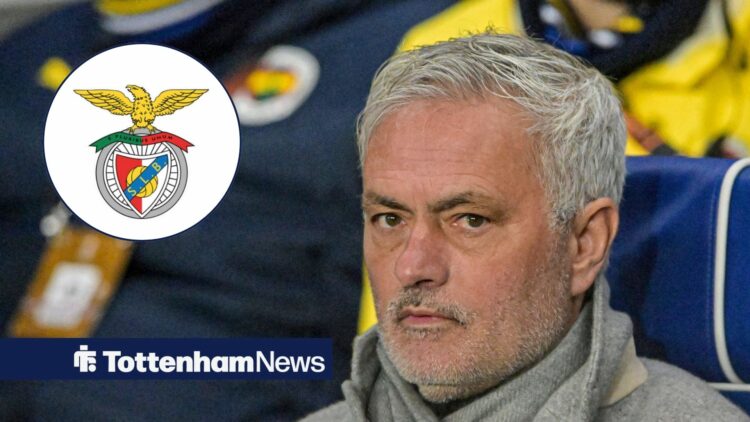 Former Tottenham manager Jose Mourinho focusing and Benfica logo in circular inset