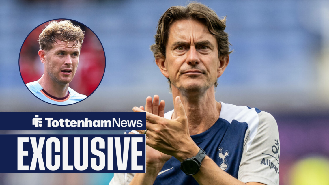 Tottenham News exclusive as Thomas Frank wears a stern expression as he applauds in the direction of Brentford defender Nathan Collins, who looks a...