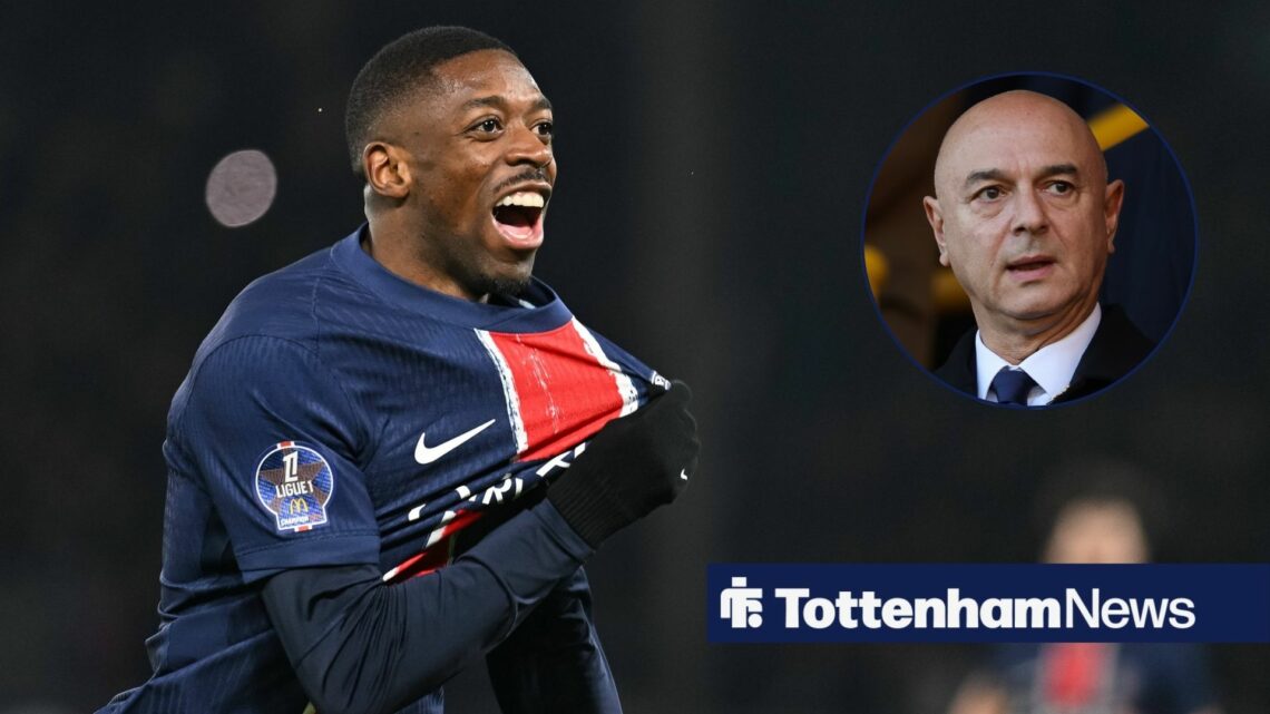 PSG star Ousmane Dembele celebrates by grabbing the badge on his shirt, while ex-Tottenham chairman Daniel Levy watches on in a circular inset.