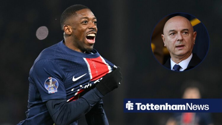 PSG star Ousmane Dembele celebrates by grabbing the badge on his shirt, while ex-Tottenham chairman Daniel Levy watches on in a circular inset.