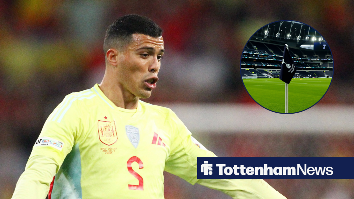 Pedro Porro shouting in Spain kit and Tottenham Hotspur Stadium in circular inset