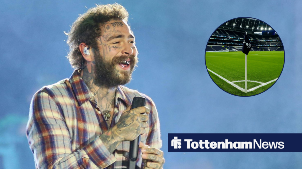 An image of Post Malone performing a concert, next to a circular inset of the Tottenham Hotspur Stadium