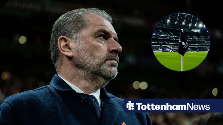 Ange Postecoglou looking unhappily towards the Tottenham Hotspur Stadium in circular inset