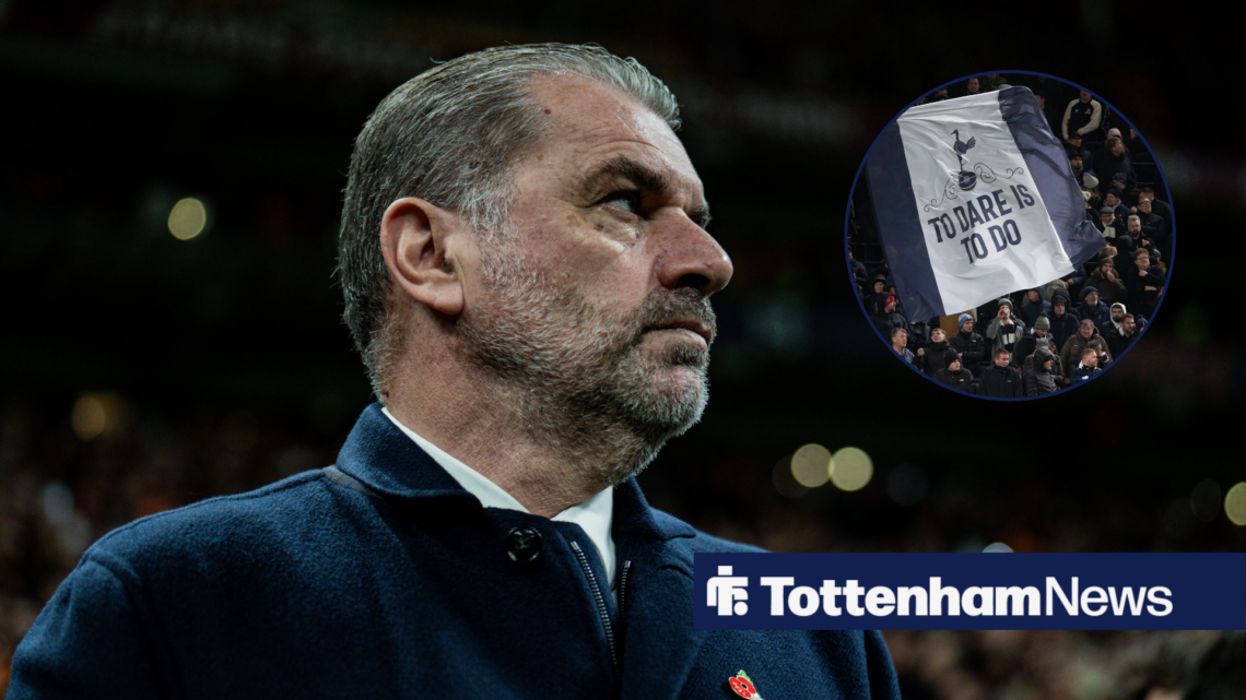 Former Tottenham manager Ange Postecoglou looking annoyed and Tottenham fans in circular inset