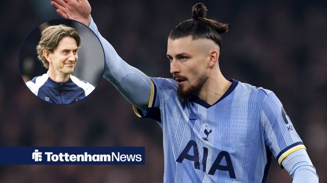 Tottenham defedner Radu Dragusin stands with his arm raised during a game, as manager Thomas Frank smiles in a circular inset.
