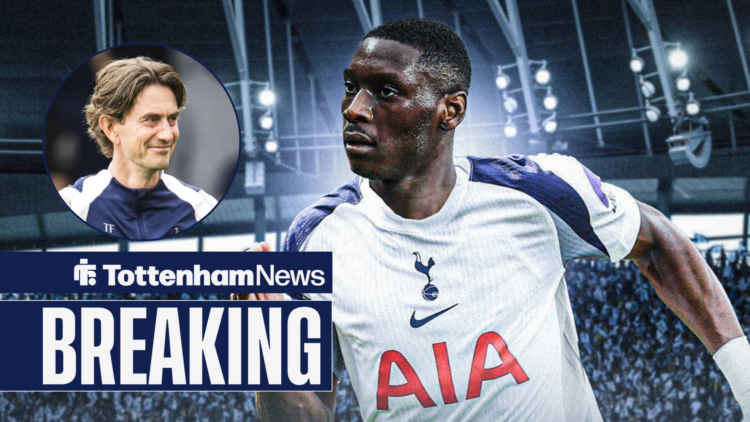 Randal Kolo Muani in action as Tottenham manager Thomas Frank smiles across from a circular inset.