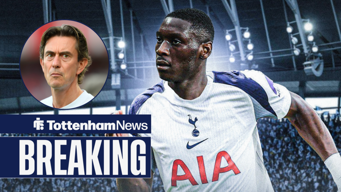 Breaking News as Tottenham manager Thomas Frank stares concernedly at Randal Kolo Muani from a circular inset.