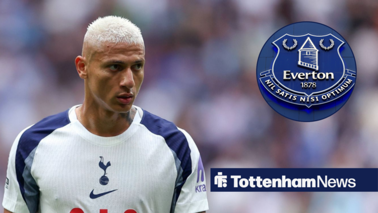 Richarlison in action for Tottenham and Everton badge in circular inset