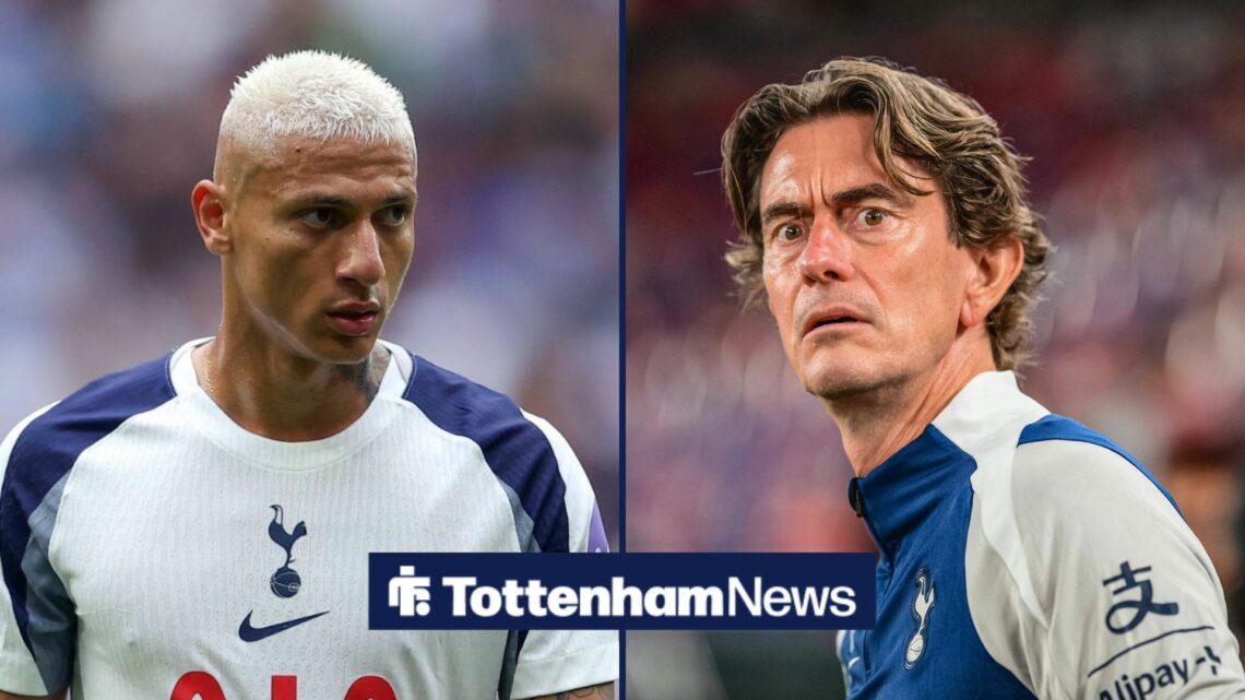 Richarlison looking focused at Thomas Frank who seems confused in split image