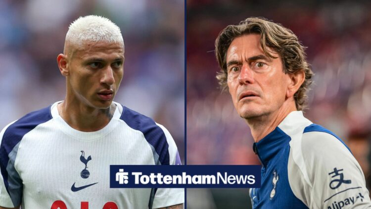 Richarlison looking focused at Thomas Frank who seems confused in split image