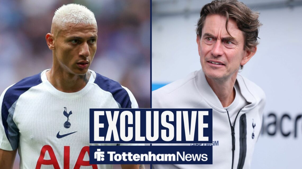 Tottenham News exlcusive as Richarlison stares expectantly across a split image at Thomas Frank, who glances back with a bemused expression.