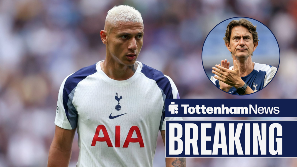 Breaking news as Tottenham star Richarlison glances optimistically towards manager Thomas Frank, who applauds in a circular inset.