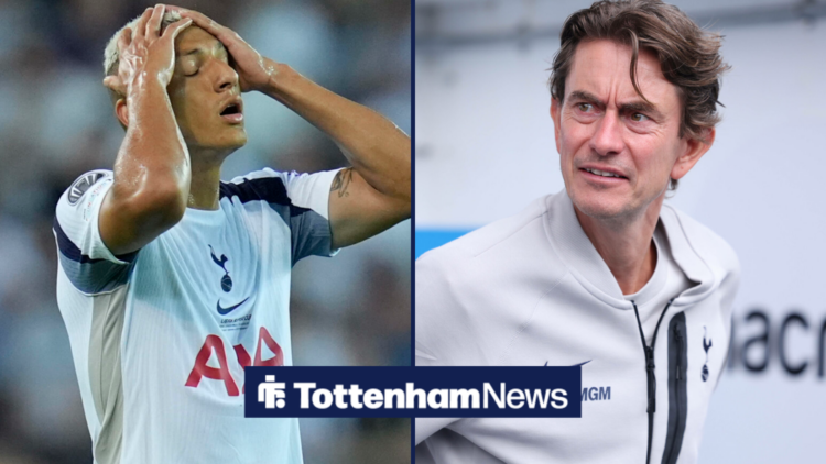 A split image featuring Tottenham striker Richarlison with his hands on his head in the left half, and Thomas Frank looking bemused on the right half.