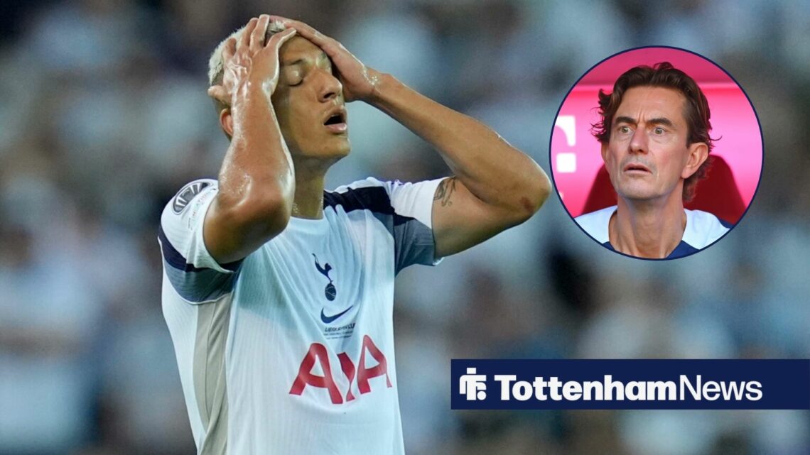 Tottenham striker Richarlison stands with his hands on his head during a game, as manager Thomas Frank watches on in a circular inset.