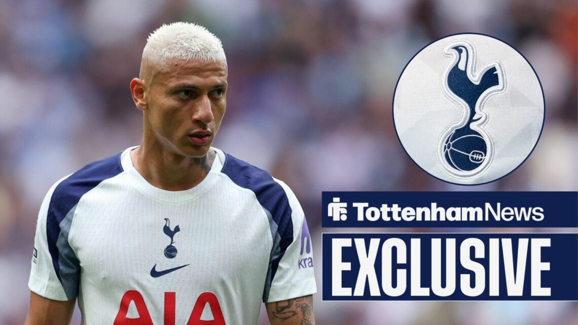 Richarlison in action for Tottenham and Tottenham badge in circular inset