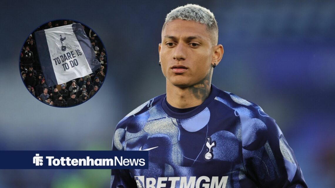 Richarlison warms up for Tottenham while Spurs fans wave a flag with the club's motto on it in a circular inset.