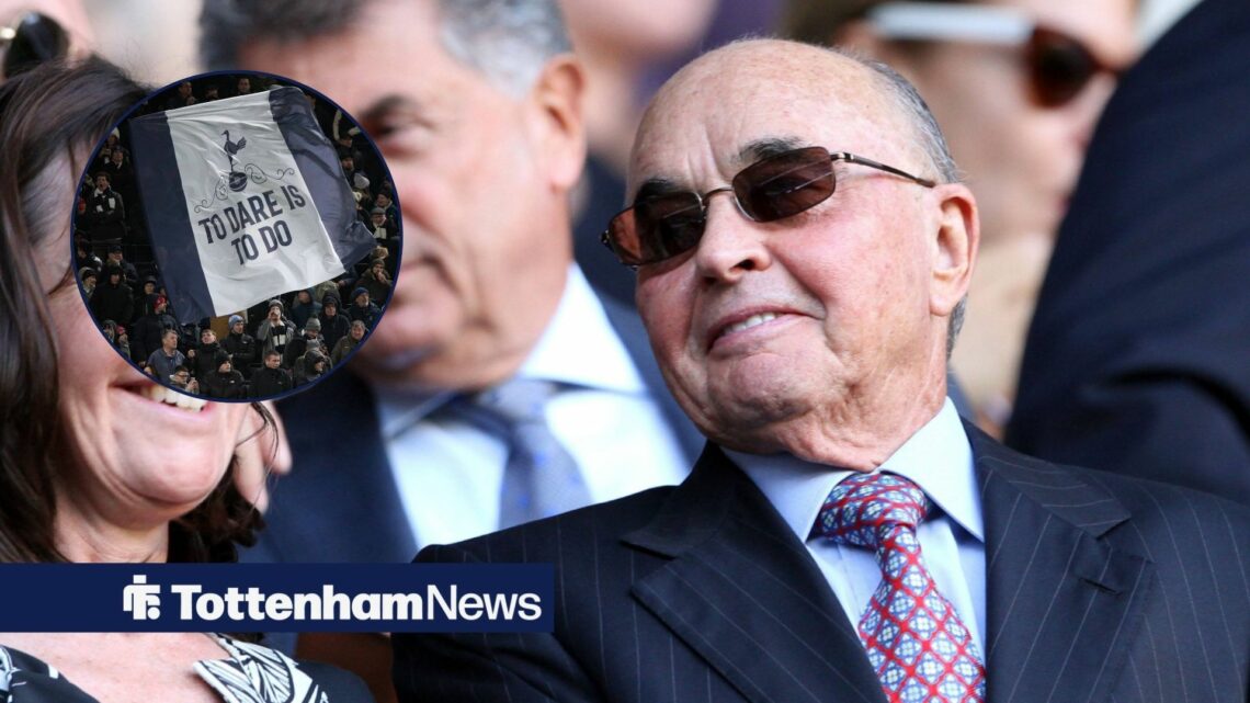 Tottenham chief Joe Lewis is in the stands at a game, while Spurs fans wave a giant flag in a circular inset.