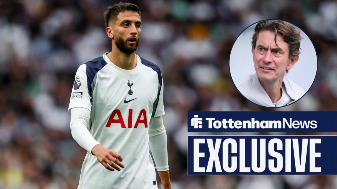 Tottenham News exclusive as Rodrigo Bentancur is in action for Spurs, while Thomas Frank watches on from a circular inset with an incredulous expre...