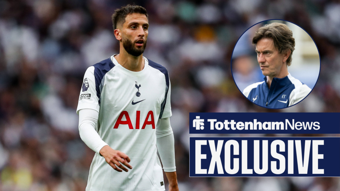 Tottenham News exclusive as Thomas Frank stares concernedly at Rodrigo Bentancur from a circular inset.