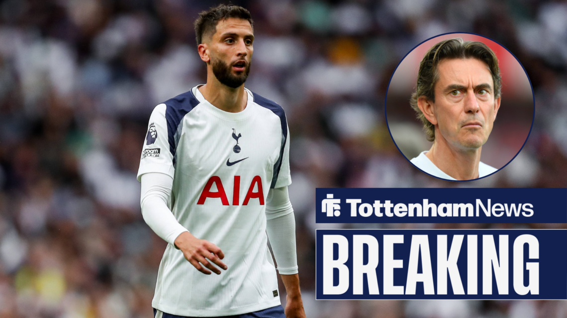 Breaking News at Tottenham star Rodrigo Bentancur stares in the direction of Thomas Frank, who glares at him from a circular inset.