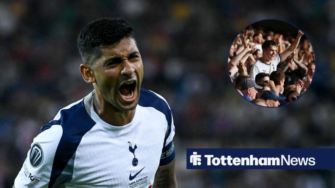 Cristian Romero passionate while in action and Tottenham fans in circular inset