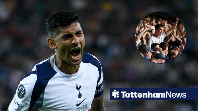Cristian Romero passionate while in action and Tottenham fans in circular inset