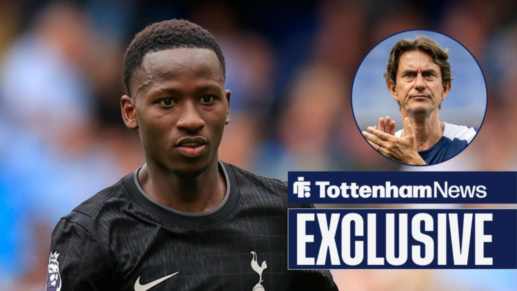 Tottenham midfielder Pape Matar Sarr in action and Thomas Frank in circular inset