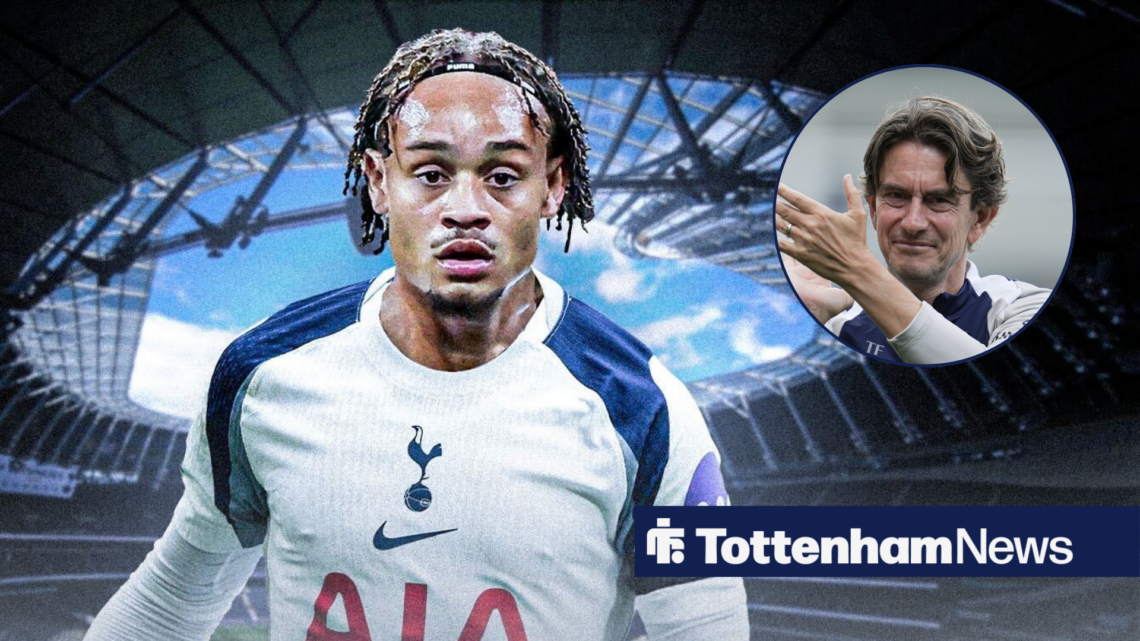 Tottenham midfielder Xavi Simonsin full Spurs kit and Thomas Frank clapping in circular inset