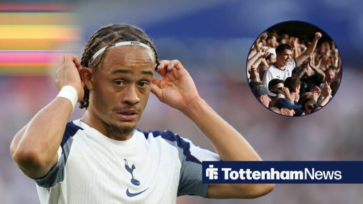 Xavi Simons in action for Tottenham and Tottenham fans in circular inset
