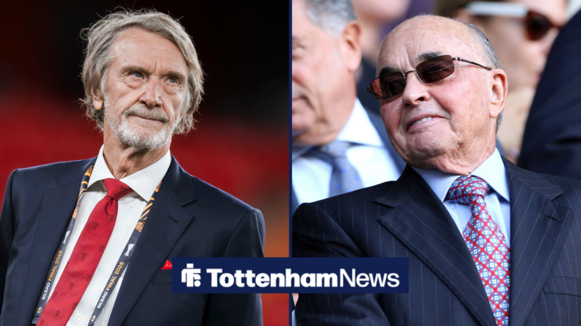 A split image as Manchester United and INEOS owner Sir Jim Ratcliffe stares across at Tottenham owner Joe Lewis.