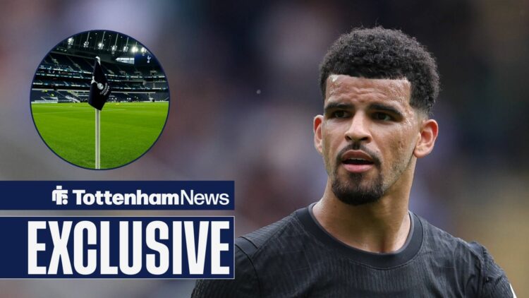 Dominic Solanke in action for Tottenham and Tottenham Hotspur Stadium in circular inset