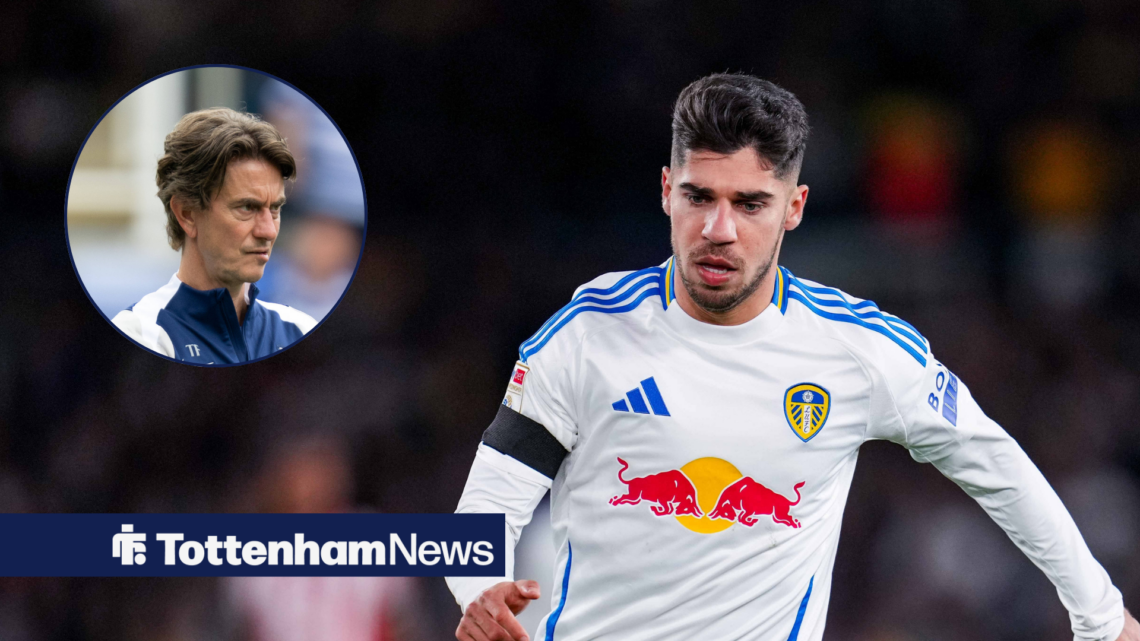 Manor Solomon running in Leeds United kit and Thomas Frank in circular inset