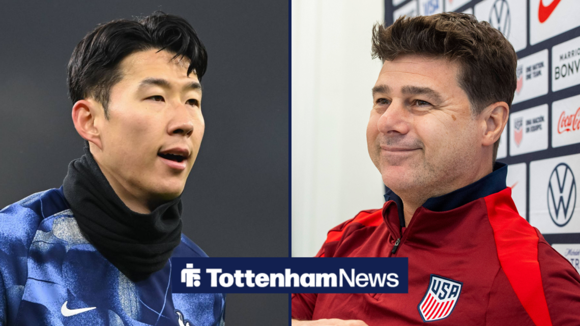 A split image as ex-Tottenham star Son Heung-min looks across at Mauricio Pochettino, who smiles back at him.