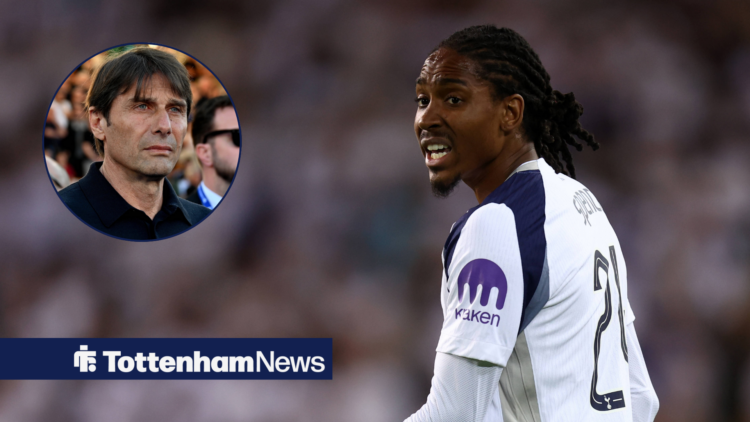 Djed Spence looking frustratedly at Antonio Conte in circular inset