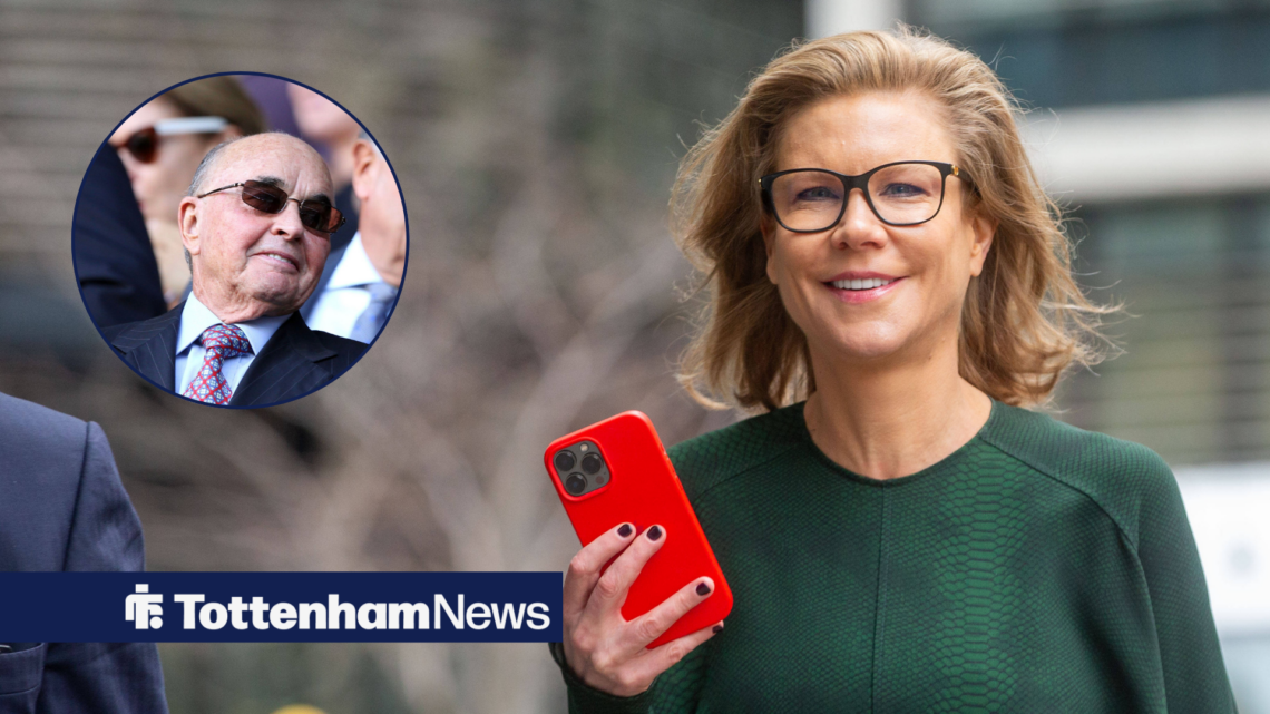 Amanda Staveley walking with phone and Joe Lewis in circular inset