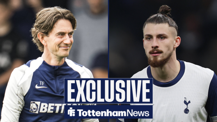 Tottenham News exclusive as Tottenham manager Thomas Franks smiles across a split image at Radu Dragusin.