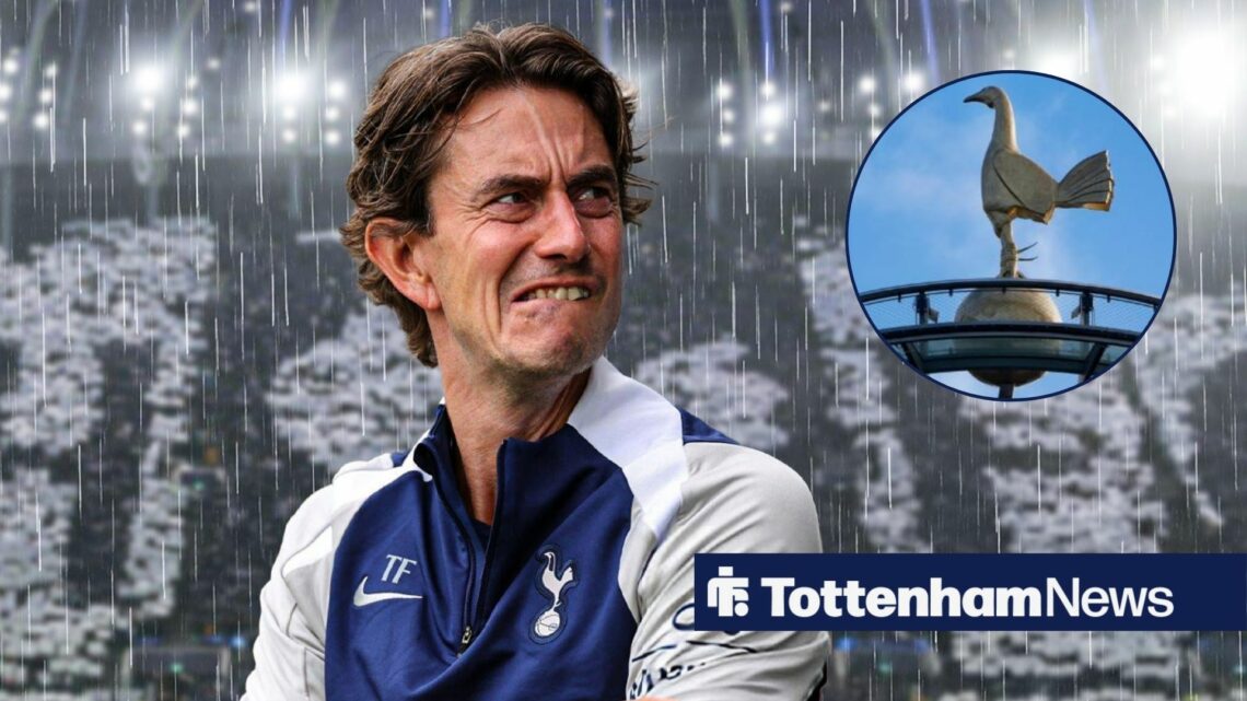 Tottenham manager Thomas Frank stares concernedly towards the cockerel on the roof of the Tottenham Hotspur Stadium.