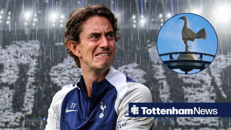 Tottenham manager Thomas Frank stares concernedly towards the cockerel on the roof of the Tottenham Hotspur Stadium.