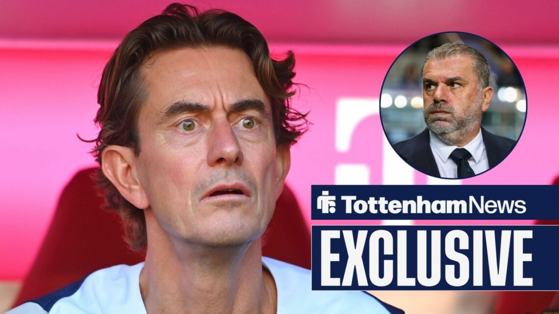 Tottenham News exclusive as Thomas Frank stares concernedly in the direction of Ange Postecoglou, who puffs out his cheeks in a circular inset.