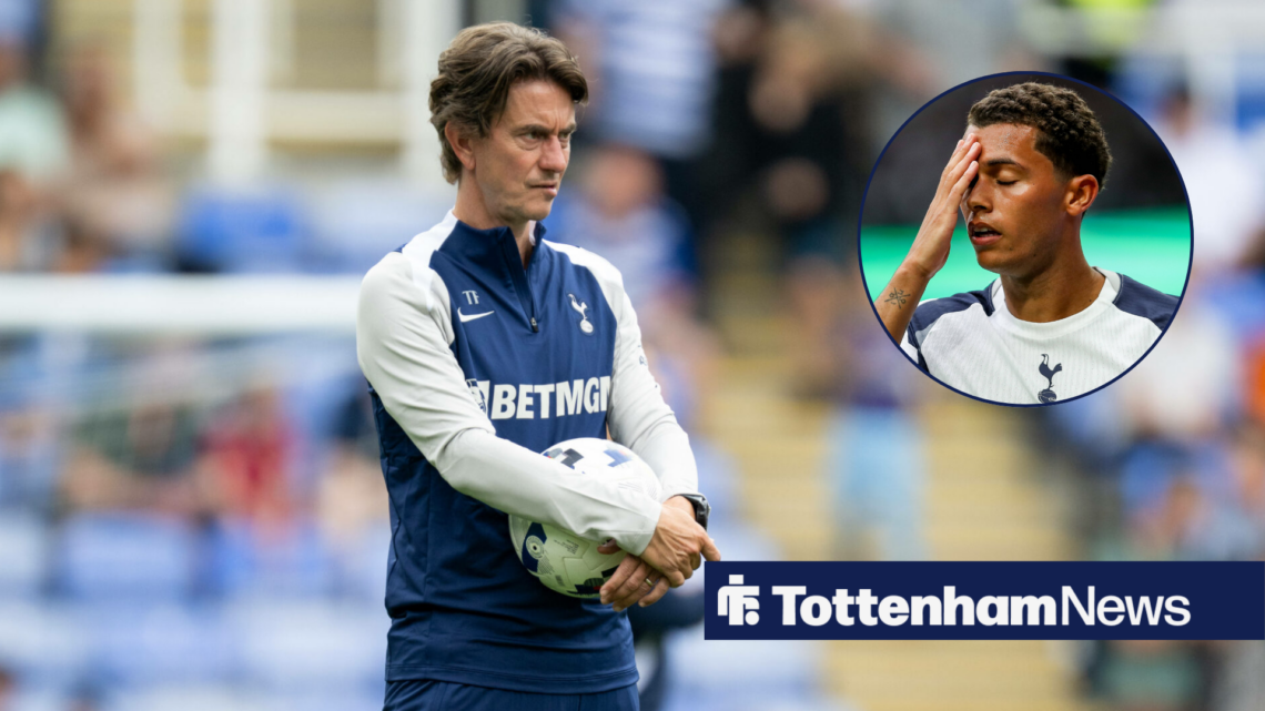 Tottenham manager Thomas Frank stares frustratedly at Brennan Johnson, who places his hand over his face in a circular inset.