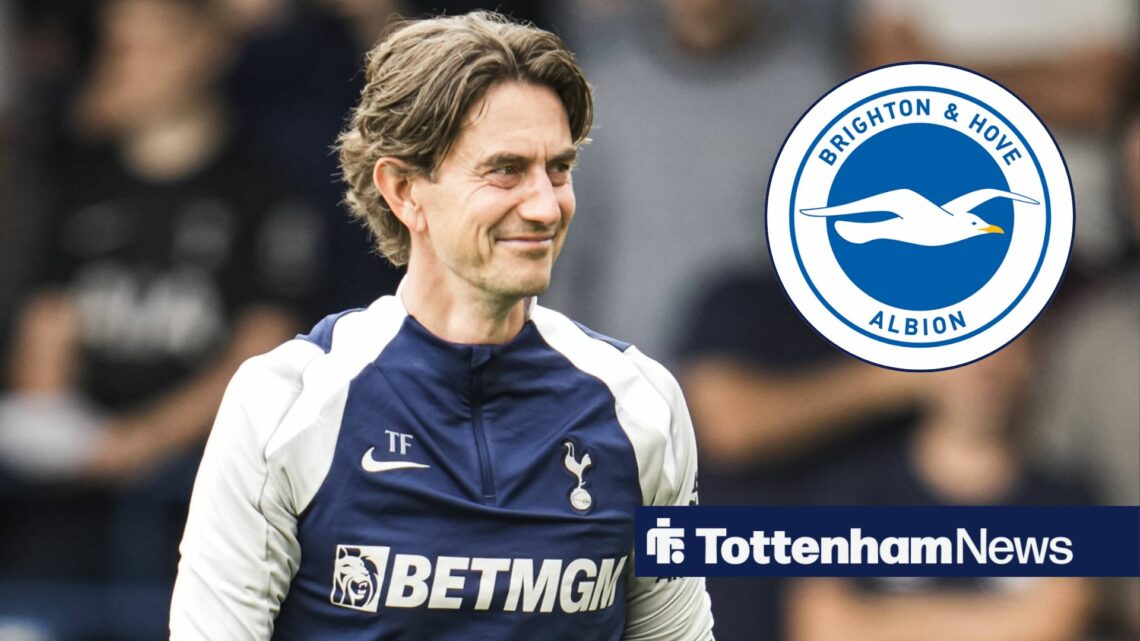 Tottenham manager Thomas Frank smiles in the direction of the Brighton badge, which features in a circular inset on the right of the image.