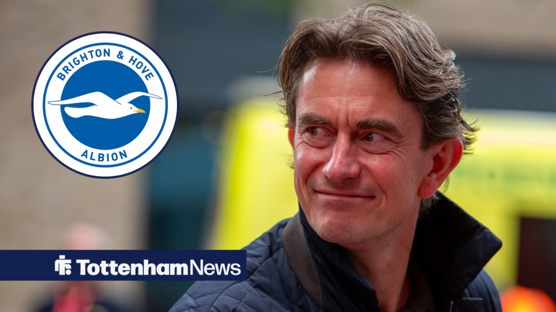 Tottenham manager Thomas Frank smiles at the Brighton badge, which features in a circular inset on the left of the image.