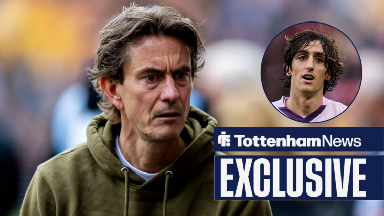Tottenham News exclusive as Thomas Frank stares angrily towards Bryan Gil, who features in a circular inset while in action for Girona.