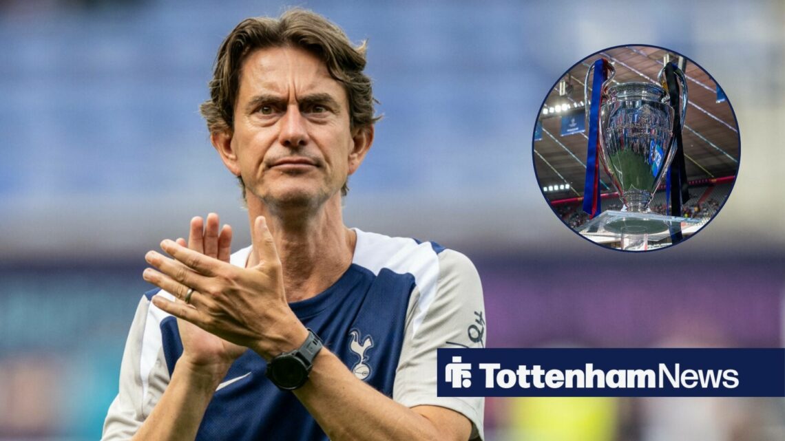 Tottenham manager Thomas Frank applauds with a stern expression on his faces, as the Champions League trophy features in a circular inset.