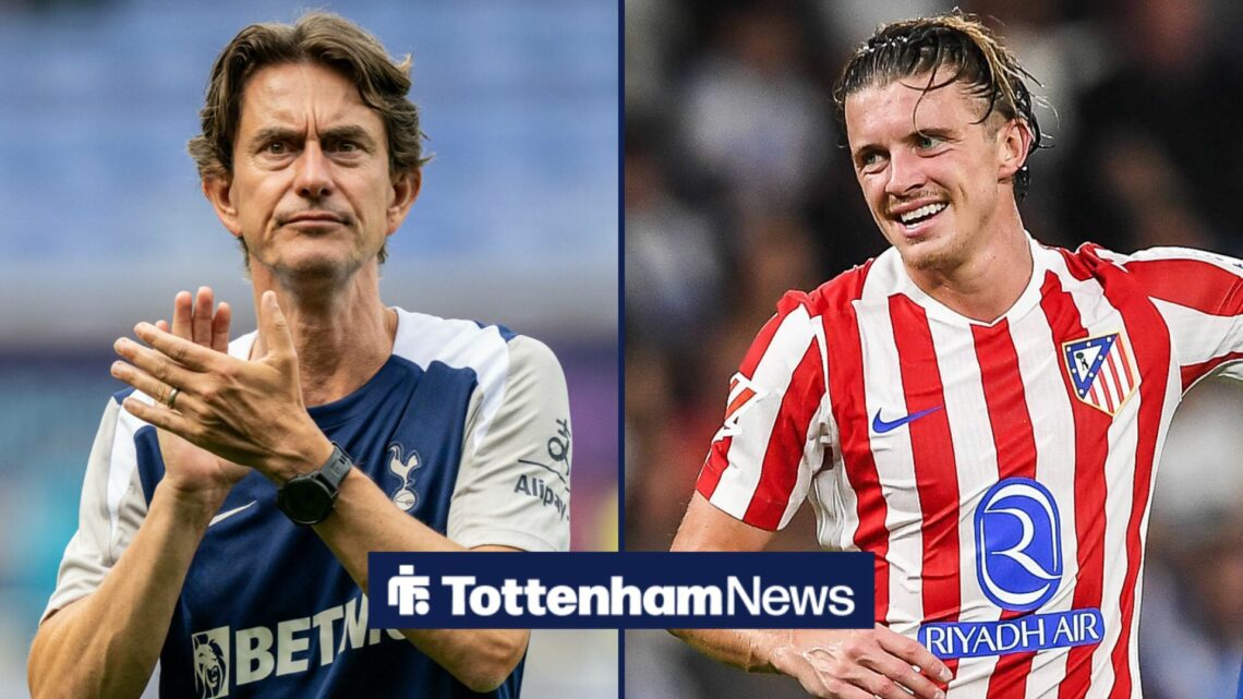 A split image as Tottenham manager Thomas Frank applauds while Conor Gallagher is in action for Atletico Madrid.