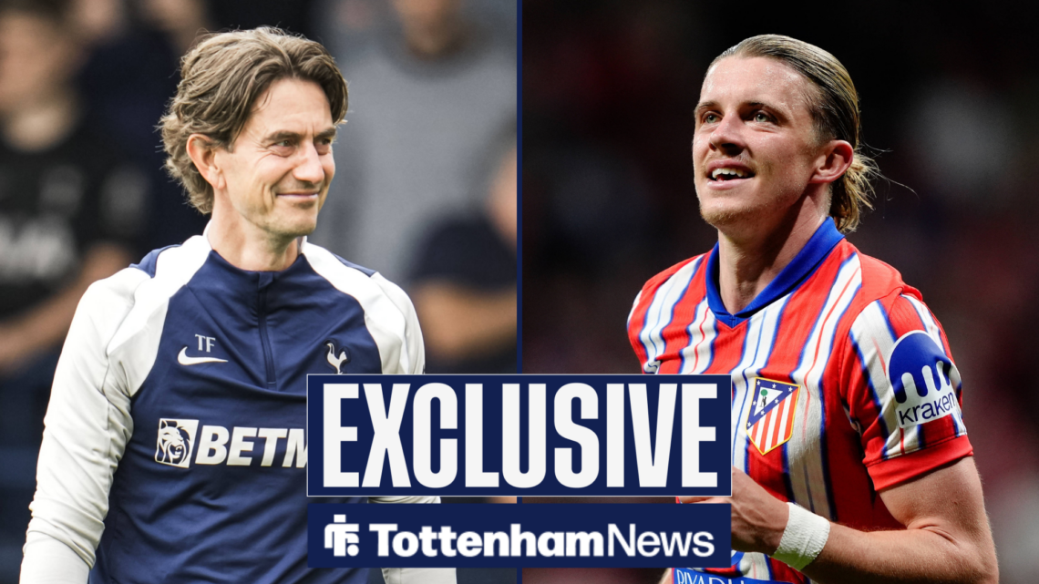 Tottenham news exclusive as Tottenham manager Thomas Frank smiles across at Conor Gallagher, who grins while in action for Atletico Madrid.