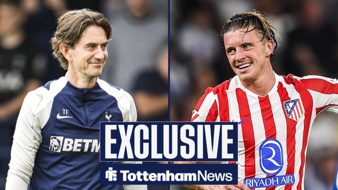 Tottenham News exclusive as Tottenham manager Thomas Frank smiles across a split image at Conor Gallagher, who is in action for Atletico Madrid in ...
